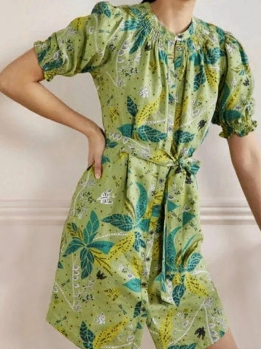 Boden Ada Linen Leaf Print Smocked Tie Waist Dress